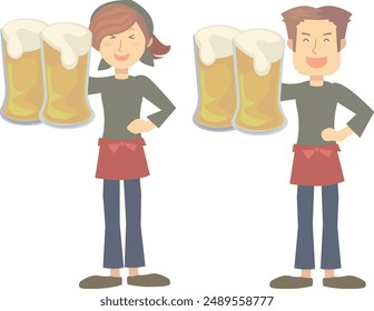 A cheerful male and female clerk holding a beer and putting their hands on their hips