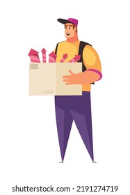 Cheerful male film crew member holding box with firecrackers vector illustration