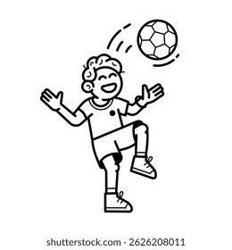 Jovem jogador de futebol masculino alegre chutando bola de futebol com a cabeça. Sorridente jovem atleta criança jogar futebol ilustração na linha de arte.