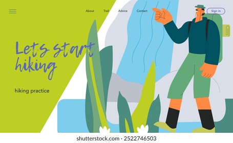 Cheerful male hiking and pointing on waterfall on nature background. Hiking outdoor adventure, active tourist, trekking, backpacking. Vector illustration. Let's start hiking. Website banner template.