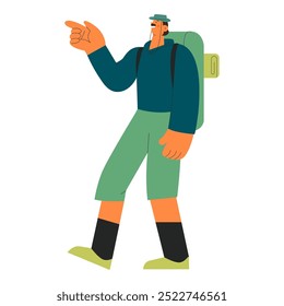 Cheerful male hiking and pointing on waterfall. Hiking outdoor adventure, active tourist, trekking, backpacking. Vector illustration. Let's start hiking. Website banner template.