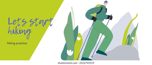 Cheerful male hiking with hiking poles on nature background. Hiking outdoor adventure, active tourist, trekking and backpacking. Vector illustration. Let's start hiking. Landing page, website banner