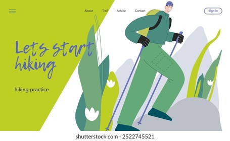 Cheerful male hiking with hiking poles on nature background. Hiking outdoor adventure, active tourist, trekking and backpacking. Vector illustration. Let's start hiking. Landing page, website banner