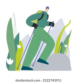 Cheerful male hiking with hiking poles on nature background. Hiking outdoor adventure, active tourist, trekking and backpacking. Vector illustration. 