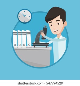 Cheerful male laboratory assistant working with microscope at the laboratory. Young scientist using a microscope in a laboratory. Vector flat design illustration in the circle isolated on background.