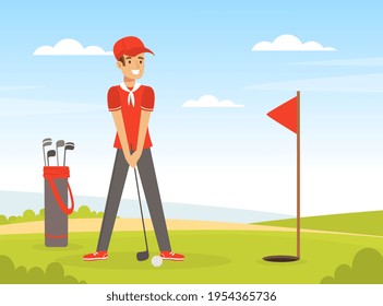 Cheerful Male Playing Golf Hitting Ball into Hole with Club Vector Illustration