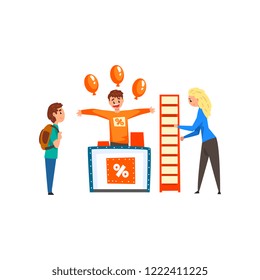 Cheerful male promoter character promoting advertisement on a promo stand, people walking at trade show exhibition vector Illustration on a white background