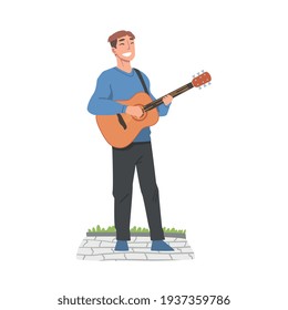 Cheerful Male Street Guitarist Character Playing Acoustic Guitar, Live Performance Concept Cartoon Style Vector Illustration