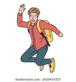Cheerful male student jumping and waving hand. Hand drawn vector illustration
