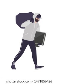 Cheerful male thief wearing mask, cap and hoodie carrying bag and TV. Bearded man commits theft, burglary or housebreaking. Burglar or criminal with loot. Flat cartoon colorful vector illustration.