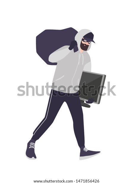 マスク 帽子 フーディーをかぶった元気な男の泥棒が バッグとテレビを持っている 髭を生やした者は盗み 強盗 家を壊す 強盗か略奪か 平らなカートーンのカラフルなベクターイラスト のベクター画像素材 ロイヤリティフリー
