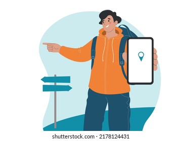 Cheerful male tourist points direction with his finger.  In his other hand he holds  mobile phone, the destination is displayed on screen. Flat vector illustration.