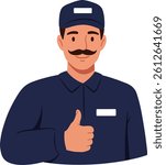 A cheerful male worker, dressed in a blue uniform with a cap, confidently smiles and gives a thumbs-up, conveying positivity and readiness to assist.