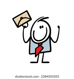Cheerful man after work brandishes a briefcase, rejoices that he successfully made a business deal. Vector illustration of a stickman in an office suit.