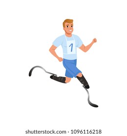 Cheerful man with artificial legs running marathon. Young guy with physical disabilities. Active lifestyle. Flat vector design