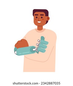 Cheerful man with artificial limb prosthesis semi flat color vector character. Editable half body man crossed arms. Guy with bionic hand. on white. Simple cartoon spot illustration for web design