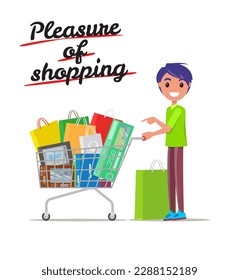 Cheerful man with bags and purchases in shopping cart. Smiling and laughing male character with paper packings having pleasure of buy. Seasonal sale at store, shop, customer carry bags, riding trolley