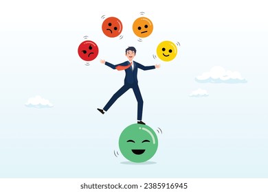 Cheerful man balance on smiling face juggling expression emotional faces, emotional intelligence, control feeling or emotion, psychology to be success or balance of anxiety and happiness (Vector)