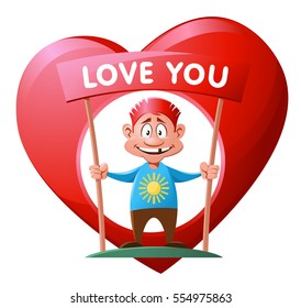Cheerful man with a big heart who loves you. Cartoon styled vector illustration. Elements grouped and divided into layers for easy edit. No transparent objects.