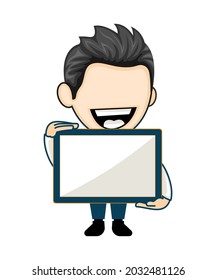 Cheerful man with blank tablet screen. Businessman showing tablet. Business character in vector style