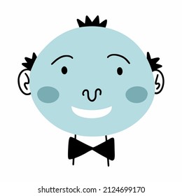 Cheerful man in bow tie. Person face. Vector illustration of doodles. Drawing by hand.