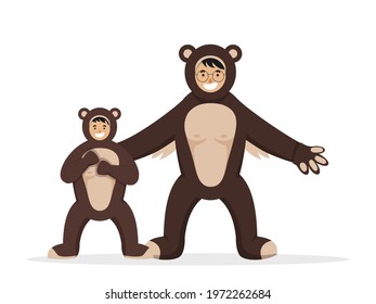 Cheerful Man And Boy Wear Bear Animal Costume In Standing Pose.
