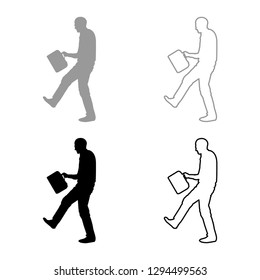Cheerful man with a briefcase Concept success win Successfull bussines man icon set grey black color vector illustration outline flat style simple image