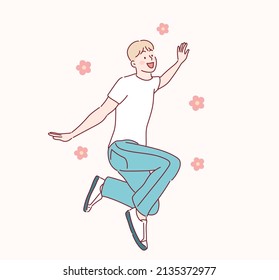 cheerful man in bright outfit jumping and having fun on pink background. Hand drawn style vector design illustrations.