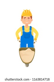A cheerful man builder carries a wheelbarrow full of sand. A cartoon character, a flat composition. Isolated on white background.