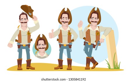 Cheerful man in cartoon style in a sheriff costume.