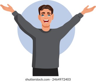 
Cheerful Man Celebrating with Arms Raised Vector Cartoon Character. Victorious triumphant guy feeling excited and thrilled 
