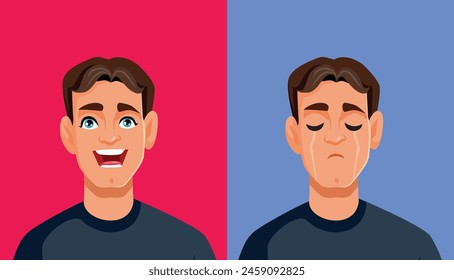
Cheerful Man Changing his Mood to Sad Vector Cartoon. Happy and unhappy guy feeling optimistic or pessimistic 
