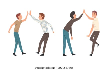 Cheerful Man Character Giving High Five Hand Gesture Greeting or Supporting Each Other Vector Set
