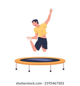 Cheerful Man Character Jumping and Bouncing on Trampoline Engaged in Recreational Activity Vector Illustration
