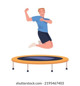 Cheerful Man Character Jumping and Bouncing on Trampoline Engaged in Recreational Activity Vector Illustration