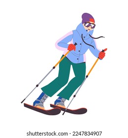 Cheerful Man Character Skiing at Mountain Ski Resort in Winter Season Vector Illustration