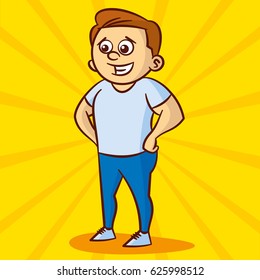 Cheerful man character smiling while holding hands on his waist. Full length portrait Vector Illustration