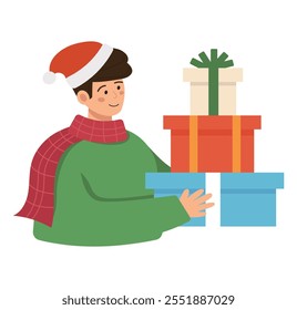 Cheerful man with Christmas presents. Holiday celebration concept for festive occasions, cards, banners and web design. Flat vector illustration isolated