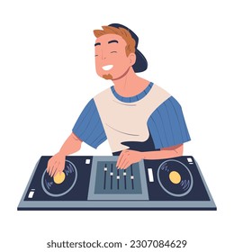 Cheerful man club DJ playing music at console mixer cartoon vector illustration