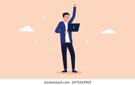 Cheerful man with computer - IT developer person standing holding laptop and hand raised in the air smiling and being happy over achievement and small victory at work. Flat design vector illustration