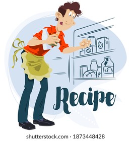 Cheerful man cooking food. Illustration concept for mobile website and internet development.