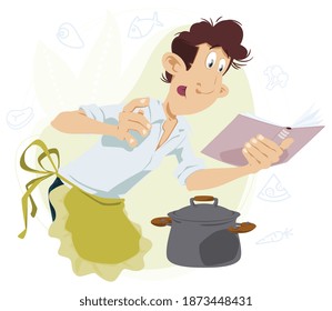 Cheerful man cooking food. Illustration concept for mobile website and internet development.