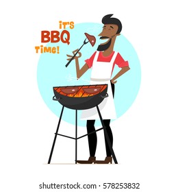 A cheerful man is cooking steak barbecue outdoors. Vector character in mid-century style. 1950s.