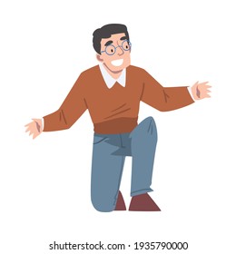 Cheerful Man Crouched with his Arms Outstretched Cartoon Style Vector Illustration