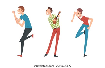 Cheerful Man Dancing and Playing Guitar Having Party Vector Set