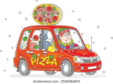 Cheerful man driving his small red pizza delivery car full of tasty smelling boxes for waiting hungry clients, vector cartoon illustration on a white background