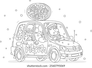 Cheerful man driving his small red pizza delivery car full of tasty smelling boxes for waiting hungry clients, black and white vector cartoon illustration for a coloring book page