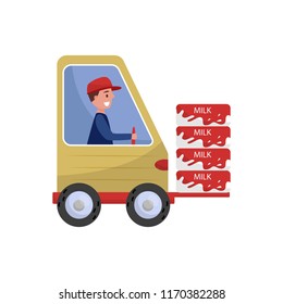 Cheerful man driving loading machine with milk boxes. Dairy products theme. Isolated flat vector design