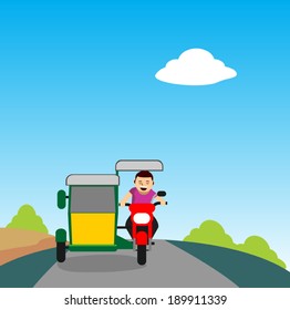 Cheerful man driving a tricycle. Illustration of a young man driving away. 