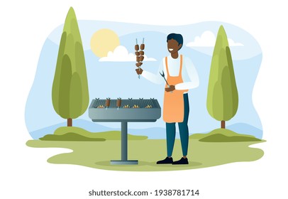 Cheerful man during sunny summer camping vacation cooking delicious meal bbq. Flat abstract metaphor outline cartoon vector illustration concept. Simple colorful art isolated on white background.